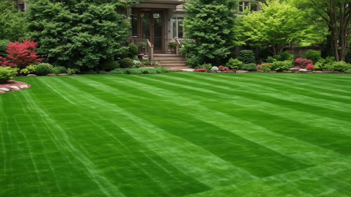 Professional lawn mower working on green grass lawn