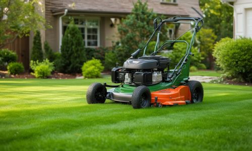 Professional gardener spreading fertilizer on a healthy green lawn in spring