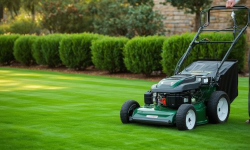 Beautiful autumn lawn with golden yellow and brown leaves scattered on green grass