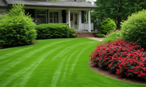 Close-up view of a green lawn sprinkler system watering grass in the morning sun