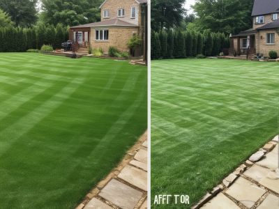 Beautiful suburban lawn transformation with lush green grass and professional edging