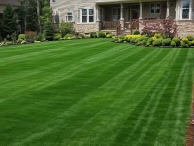 Professional landscaped commercial property with well-maintained lawn and orderly garden beds